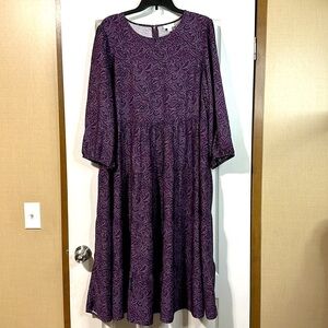 J. Jill Women’s Sz L Dress Cottagecore Purple Paisley 3/4 Sleeve Keyhole Tiered